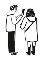 Cute couple standing and looking at phone. Black and white. Cartoon style. Raster hand drawn illustration