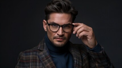 Obraz premium Stylish man wearing eyeglasses and plaid blazer posing confidently against dark background. Conceptual fashion portrait. Perfect for stock photos or lifestyle blog illustrations. AI