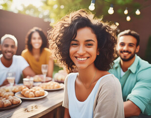 Happy Woman Celebrating Birthday with Family and Friends in a Backyard Party