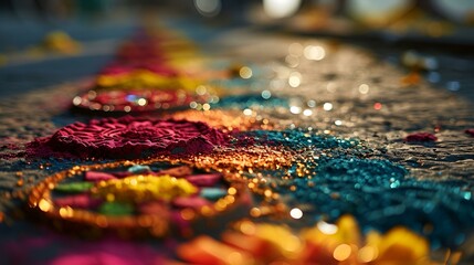 Fototapeta premium Vibrant flowers and colorful powder scattered on the ground, creating a beautiful and festive scene.