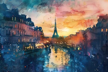 Vivid artistic illustration of Paris, France - Eiffel Tower, watercolor style