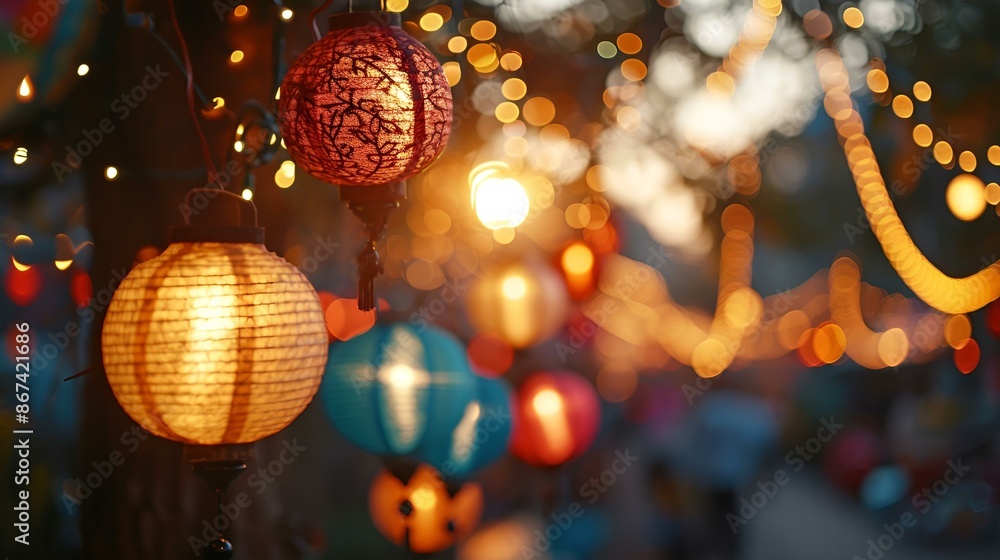 Poster colorful paper lanterns hanging from a tree, creating a vibrant and festive atmosphere.