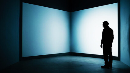 business person silhouette in an exhibition room, man standing in front of a blank canvas, a modern mockup design for advertising, looking paint art concept, gen by AI.