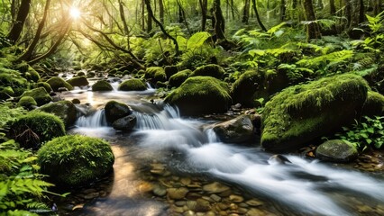 a stream running through a lush green forest
