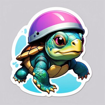 recommend clip art: Sticker of a cute baby turtle wearing colorful helmet. 3D cartoon style with dynamic colors, isolated on a simple background.