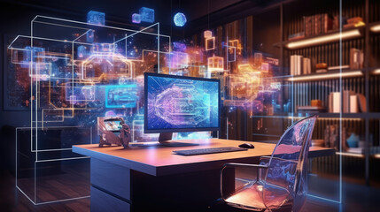 Modern workspace with AI super quantum computer with reflection. Abstract glowing hologram on screen. Optical illusion. Office background. Digital world, generative ai