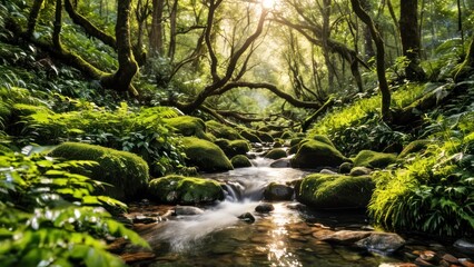 a stream running through a lush green forest