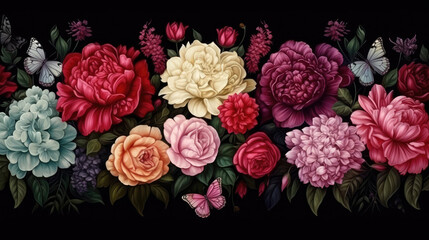 Seamless floral border with butterflies, peonies and roses on dark background. Floral seamless pattern with colorful flowers, generative ai