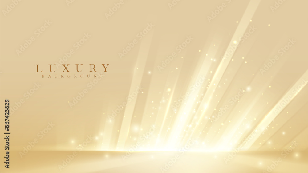 Sticker elegant golden merchandise display background decorated with sparkle and bokeh effects.