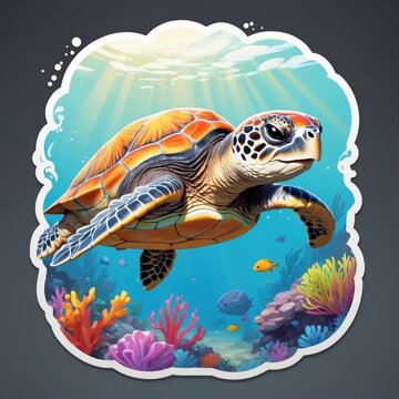 recommend clip art: Sticker of an adorable baby turtle swimming in a vast ocean full of colorful coral reefs. 3D cartoon style with dynamic colors, isolated on a simple background.
