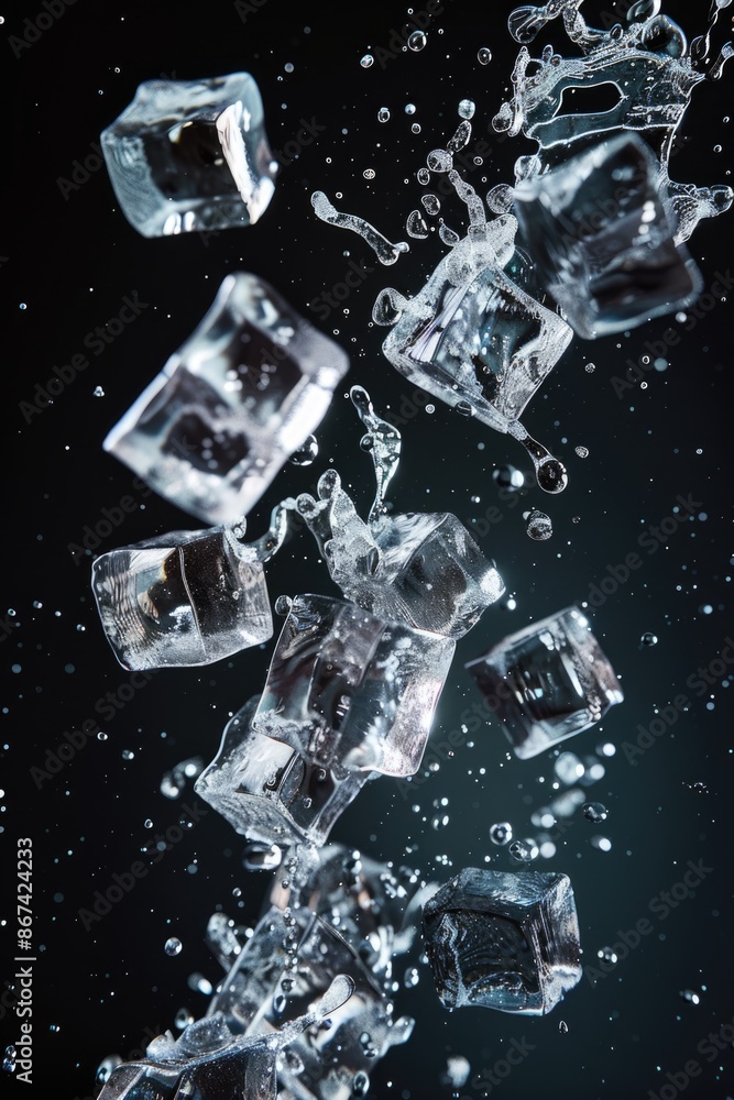 Poster a cluster of ice cubes slipping into the water, creating ripples and waves