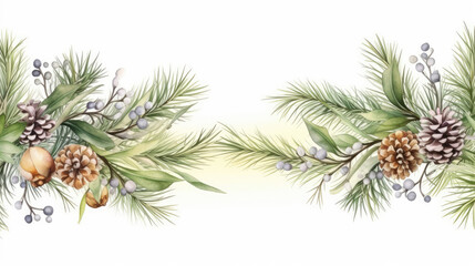 Fototapeta premium Christmas and New Year holiday horizontal border, banner. Cones, snowy pine tree branches on light background. For celebration banners, headers, posters. vintage illustration, generative ai
