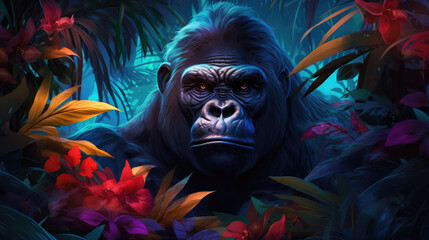A gorilla male with powerful shoulders. Close-up portrait of gorilla in tropical flowers and leaves. Picturesque portrait Wildlife animal. Digital illustration, generative ai