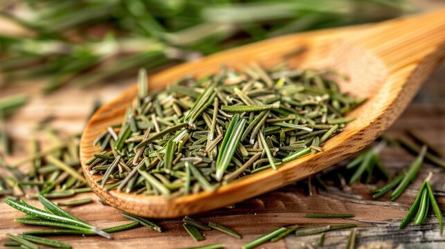 A wooden spoon filled with fragrant rosemary sprigs, perfect for garnishing dishes or adding to recipes