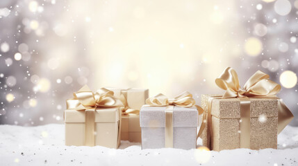 Gift boxes on white snowy background with sparkling snowflakes. Gift boxes with ribbon and bow in vintage style. Christmas and New Year celebration concept., generative ai