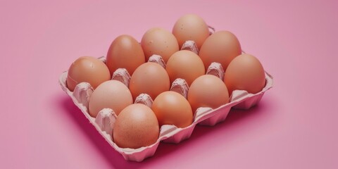A carton of eggs sitting on a bright pink surface, perfect for adding to food or kitchen-themed images