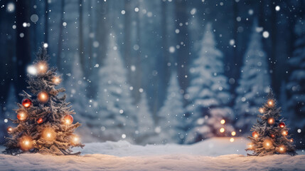 Naklejka premium Christmas tree and bokeh lights in vintage style. Beautiful forest in snow landscape. Christmas and New Year holidays background., generative ai