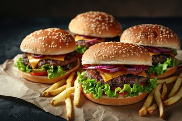 Illustration of three hamburgers and french fries on a piece of paper, suitable for use in menus, advertisements or other contexts