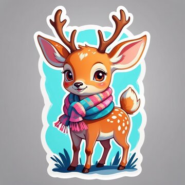 recommend clip art: Sticker of a cute baby deer wearing colorful scarf. 3D cartoon style with dynamic colors, isolated on a simple background.