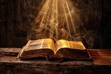 An open book sitting on a wooden table, suitable for education or literature themes