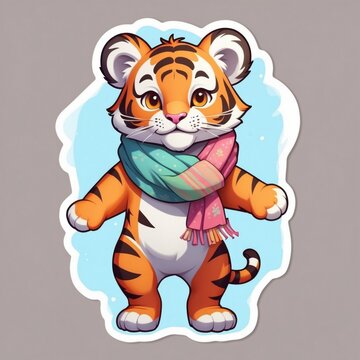 recommend clip art: Sticker of a cute baby tiger wearing colorful scarf. 3D cartoon style with dynamic colors, isolated on a simple background.