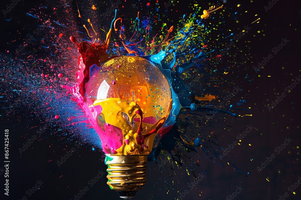 Sticker A light bulb exploding with splashes of vibrant, colorful paint, representing creativity, bright ideas, and innovation in a striking, dynamic visual.