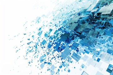 Conceptual problem-solving: Pixelated forms and visuals in shades of blue and light blue merge and transform, illustrating the dynamic nature of the problem-solving process.