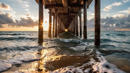 view of the ocean from under a pier