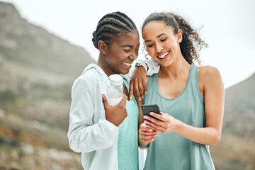 Fitness, women and friends with smartphone in outdoor with smile for social media tips or...