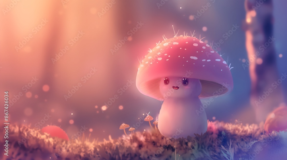 Poster 3. design a cute, animated fungi creature with a cheerful expression and tiny spores floating around
