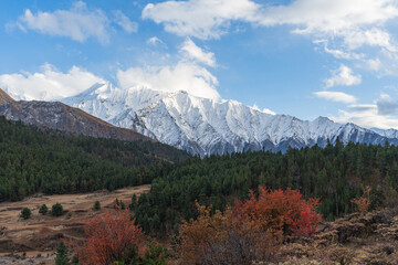 Beautiful cloudy blue sky landscape of Transhimalaya. A stunning mountainscape of Nepal