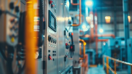 The image showcases a brightly lit industrial control panel, with various buttons, dials, and screens in a manufacturing or technology environment.