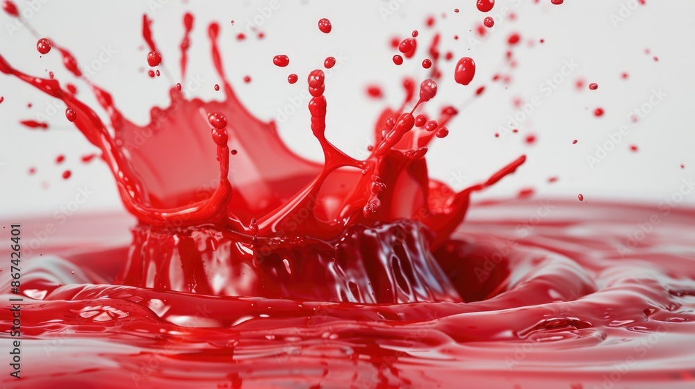Aufkleber a close-up view of a red substance splashing on a white surface, ideal for use in science or technol