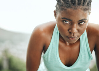 Fitness, portrait or tired black woman breathing in nature with exercise burnout, challenge or performance. Sports, pause or sweaty girl runner outdoor with training resilience, break or endurance