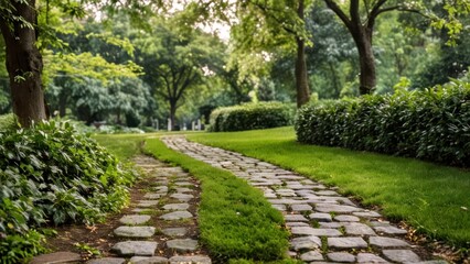 a stone path in the middle of a lush green park