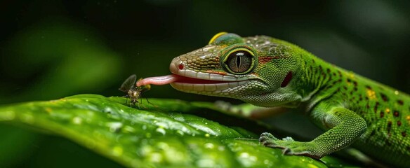 Fototapeta premium Vivid Lizard Species with Colorful Skin and a Long Tongue on Green Leaves