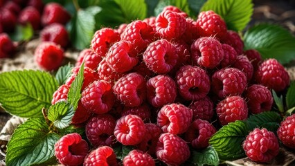 a pile of raspberries with green leaves