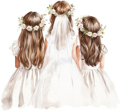 Three little girls in white gown and veil. First Communion watercolor illustration