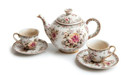 Fototapeta premium Vintage floral decorated tea set on white background