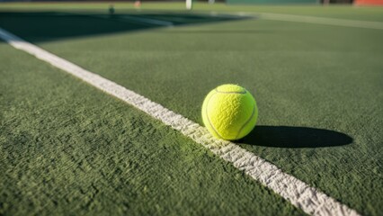 a close up of a tennis ball on a green surface