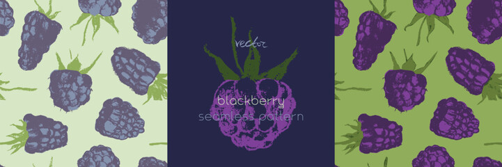Abstract blackberry hand drawn illustrations. Blackberries seamless pattern for textile design, fabric oranment, banner with floral ornament. Juice or jam label design. Mulberry background.