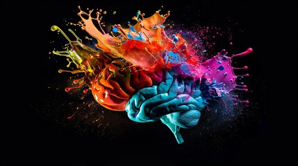 This image creatively depicts a human brain with dynamic splashes of colorful paint, symbolizing creativity, innovation, and the explosion of ideas and thoughts.