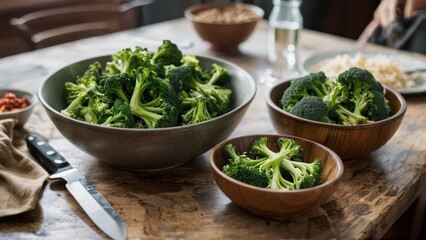 two bowls of broccoli and a knife on a table