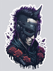 A cyberpunk demon assassin warrior ninja stands in a neon-lit alley, ready for action, with a glowing katana and futuristic armor.