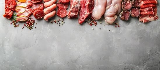 Variety of uncooked meats on a gray backdrop. Wide view, banner with space for text