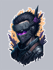 A cyberpunk demon assassin warrior ninja stands in a neon-lit alley, ready for action, with a glowing katana and futuristic armor.