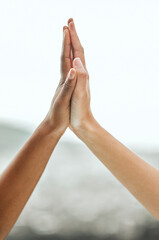 Friends, high five and hands for outdoor fitness, motivation and support for workout goals in...