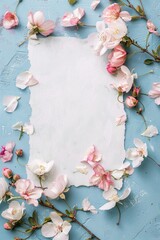 A piece of paper surrounded by flowers on a blue surface