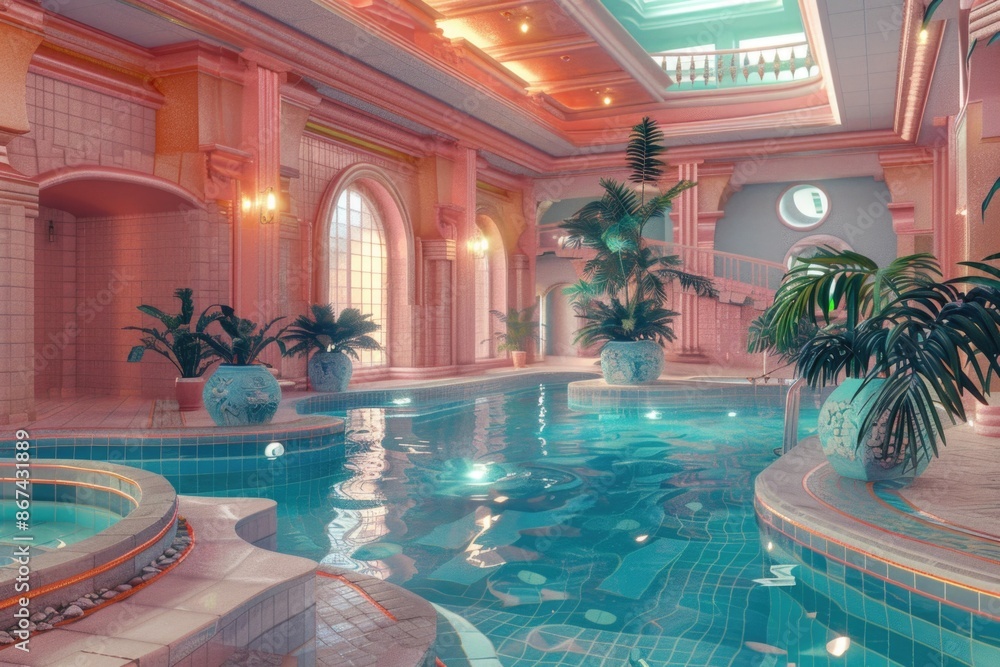 Poster an interior view of an indoor swimming pool located within a building, suitable for use in architect