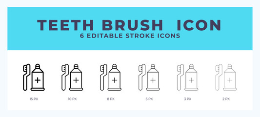 Teeth brush line icon illustrations with editable strokes.